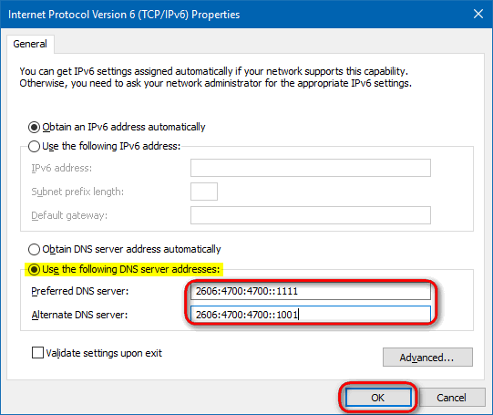 Cloudflare-DNS-IPv6-Windows-10