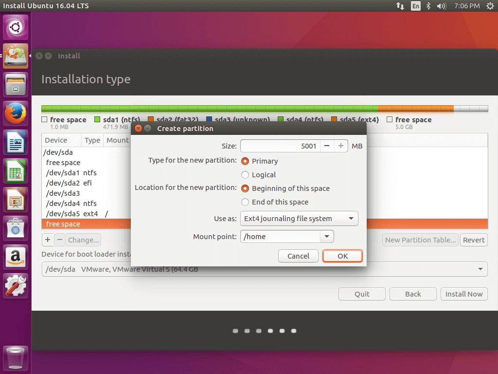 Create Home Partition for Ubuntu 16.04