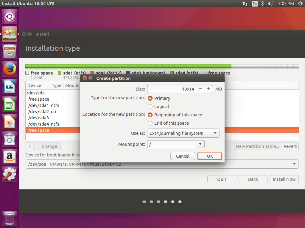 Create Root Partition for Ubuntu 16.04